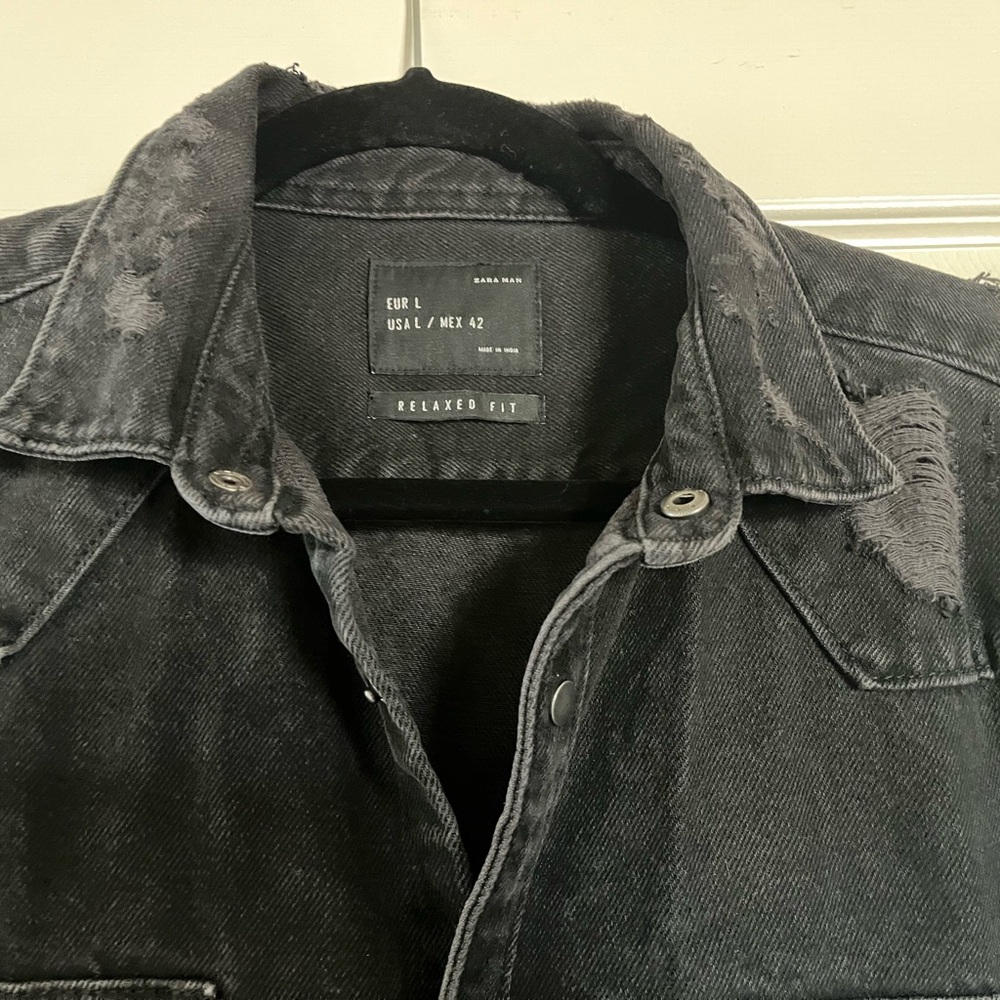 Faded mens black distressed denim shirt